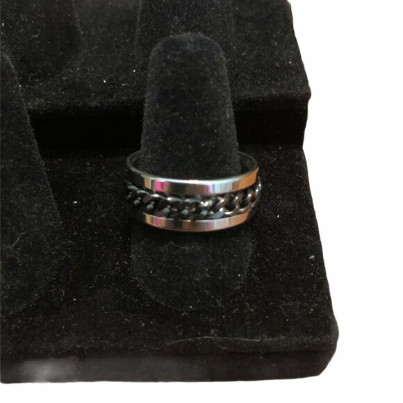 Stainless Steel Chain Black Spinner Ring Silver Tone Sizes 8-11 Wedding Band - Picture 3 of 3